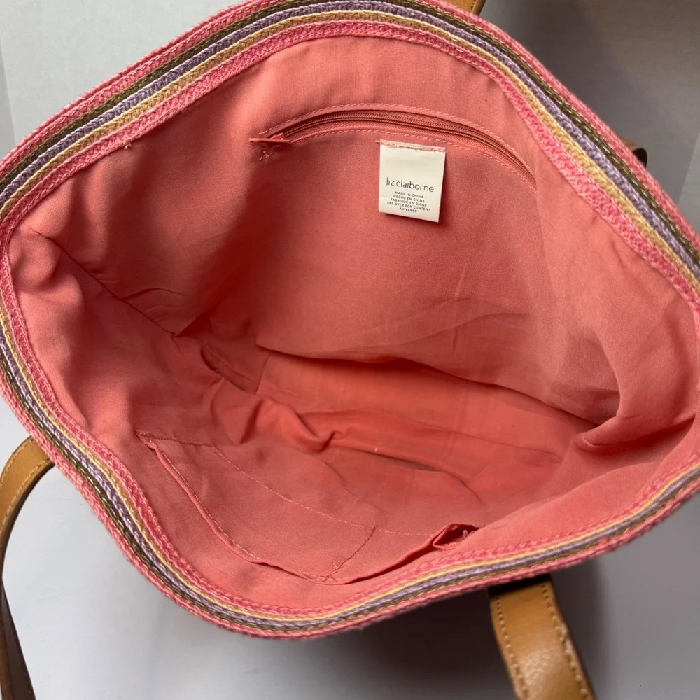 Liz Claiborne Woven Striped Multicolor Tote Shoulder Bag Tan Faux Leather Straps